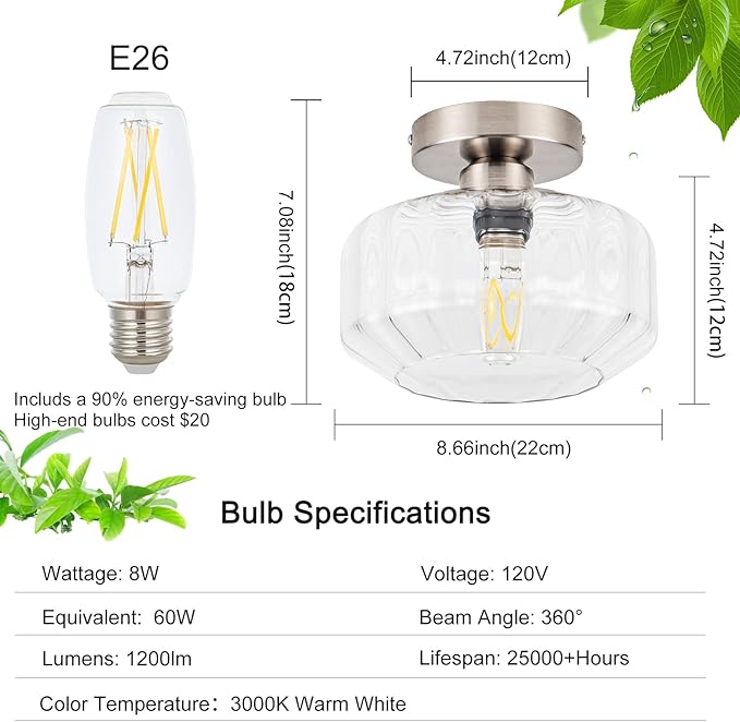 Tbaoinal Semi Flush Mount Ceiling Light with Diamond Glass Shade, 36-Faceted Panels Create Starburst Effect, 1200LM LED Bulb Included Brushed Nickel Ideal for Hallway Entryway Kitchen Bathroom