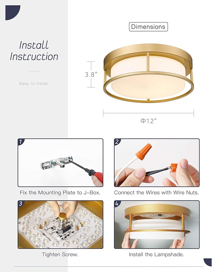 CALDION LED Ceiling Light Fixture, 12 Inch 24W 950Lumens Flush Mount Light Fixture, Dimmable 3000K, Gold Finish with Opal Frosted Glass, Round Close to Ceiling Lights for Bedroom, Kitchen
