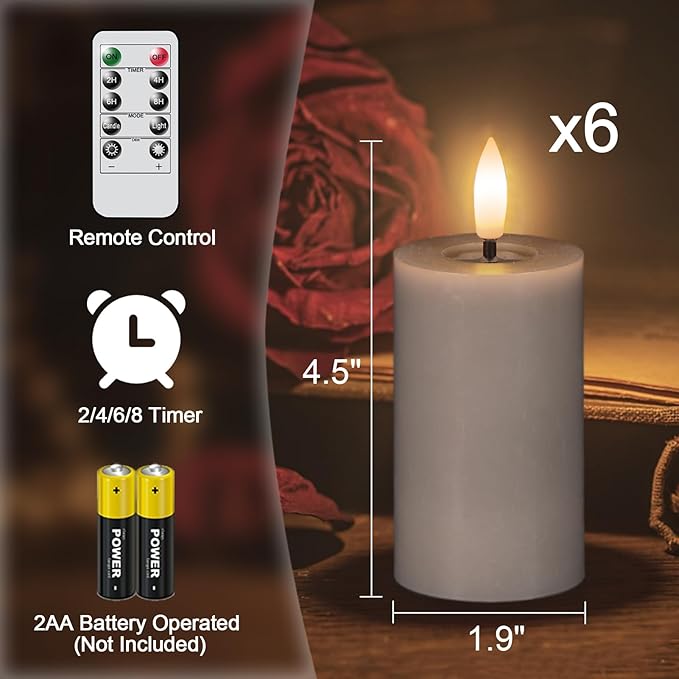 Eldnacele Flameless Pillar Flickering Candles with Remote and Timer, Battery Operated 3D Wick Real Wax LED Candle Set of 6 Gray Candles Christmas Holiday Decor Wedding Home Indoor Decorations