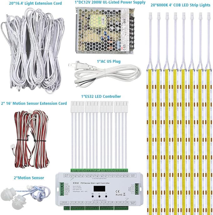 Intelligent Motion Sensor Stair Lights Indoor Staircase Lighting Kit ES32 PIR Sensor 4Feet Wide Cuttable Daylight White Dotless COB LED Strips 20PCS Complete Item (6000k)