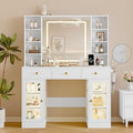 Makeup Vanity Desk with Mirror and Lights, 43" White Vanity with Glass Top, Jewelry Storage, 3 Drawers & Glass Cabinets, Power Outlet & Adjustable LED Lights, Dressing Table for Women & Girls Bedroom