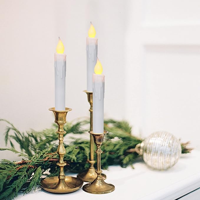 CVHOMEDECO. Flickering Taper Candles LED Drip Flameless Candles, Battery Operated with Timer, White, 6-3/4 Inch, Set of 3