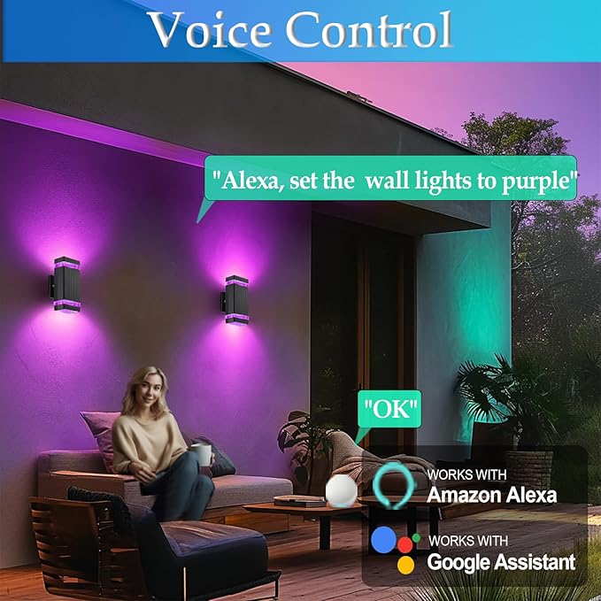 Up and Down Outdoor Wall Light, RGB Color Changing wall Lights,App&Voice Control, ETL Listed, Black Square Design, House wall Sconce 6500K, Outdoor Exterior Lights for Porch, Garage