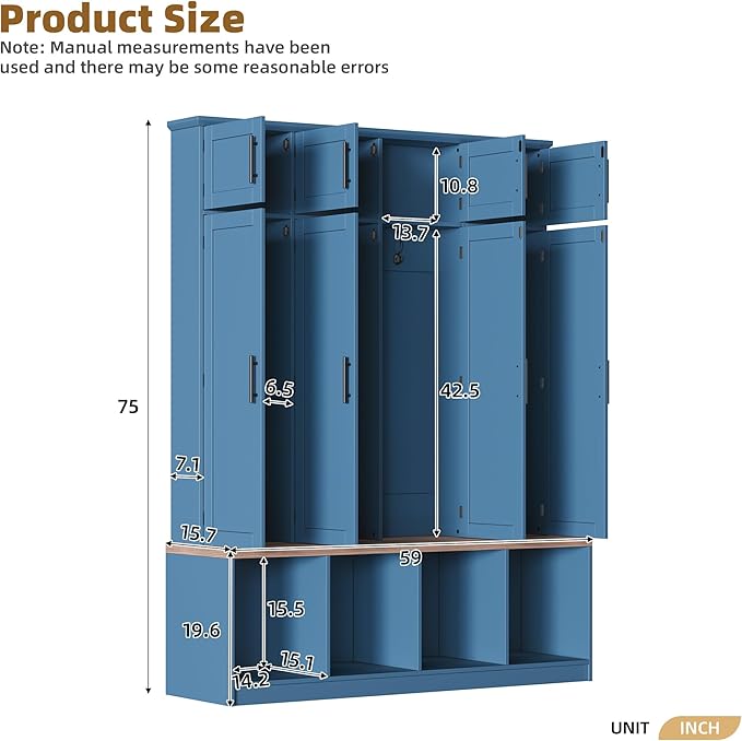 Hall Tree with Entryway Bench and Shoe Cabinet, Multi-Functional Seating Bench with 4 Hanging Hooks and 8 Doors, Blue