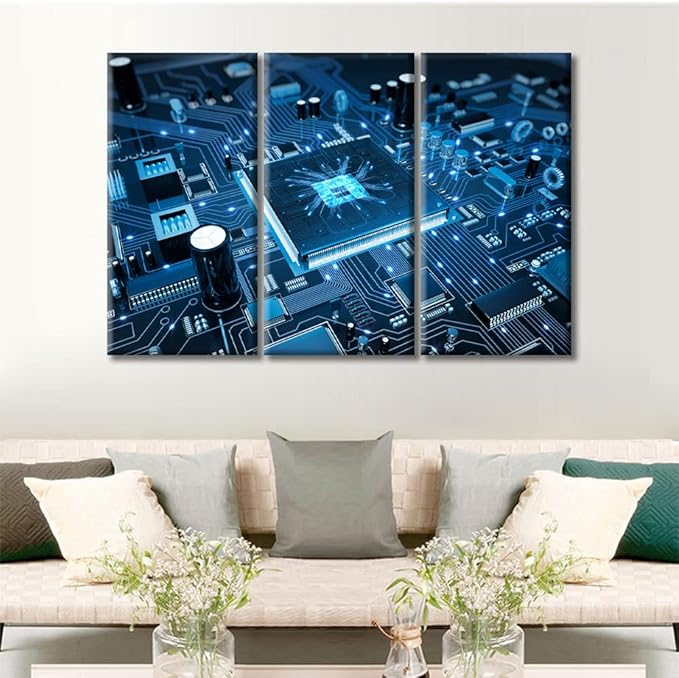 Circuit Board Wall Decor 3 Panels Motherboard Digital Chip Pictures Wall Decor for Bedroom Information Technology Artwork Posters and Prints Wall Decor Living Room Framed Ready to Hang (36"Wx24"H)