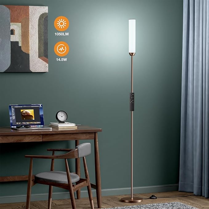 Ambimall LED Floor Lamp with Remote Control, 65" Standing lamp with Stepless Adjustable 3000K-6500K Colors & 30-100% Brightness, Foot Switch(Brown) (Pack of 2)