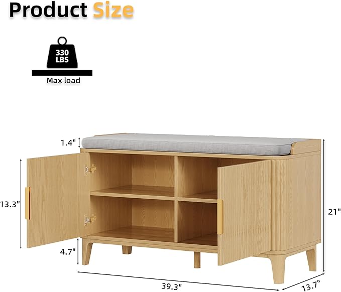 39.4" Fluted Shoe Cabinet Storage with Bench, 2-Tier Entryway Bench with Adjustable Shelves and Detachable Cushioned Seat, Shoe Organizer Bench Cabinet for Entryway, Living Room, Hallway Natural