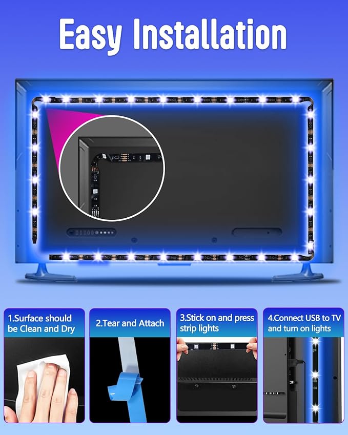 Daymeet LED Lights for TV Backlight, 13.1ft USB RGB Light Strip for 40-65 Inch Behind Lighting, Color Changing With Remote, Music Sync, Bluetooth APP Control for Bedroom, Computer, PC