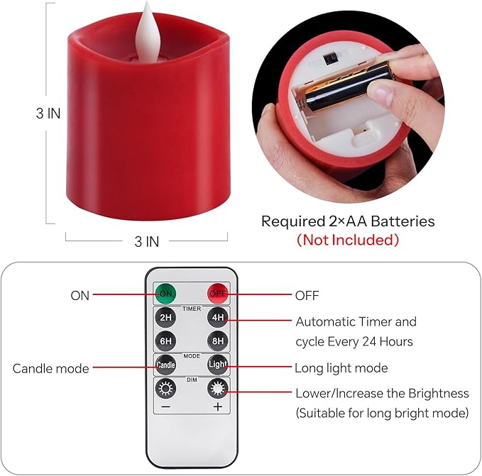 3x3 Flickering Flameless Candles Set of 1, Real Wax Pillar LED Candles Flickering, 3 inch Flameless Candles with Remote,Battery Powered Candles, for Party/Wedding,Red