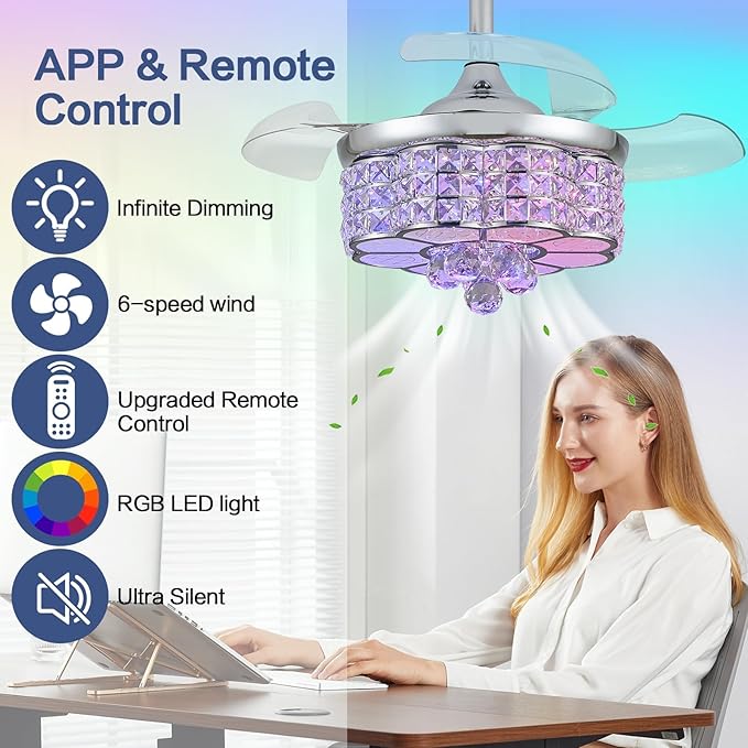 30" RGB Crystal Retractable Ceiling Fan with Light Dimmable LED Chandelier, Remote & App Control, 6-Speed Timer, Memory Function for Bedroom Living Room,Silver