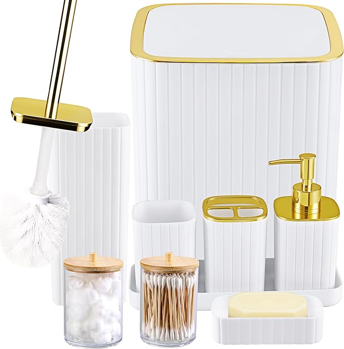 Bathroom Accessory Set White-9PC Set with Toilet Brush, Trash Can, Soap Dispenser, Q-Tip Holder | Modern Home Bath Essentials (White, Bath Set)