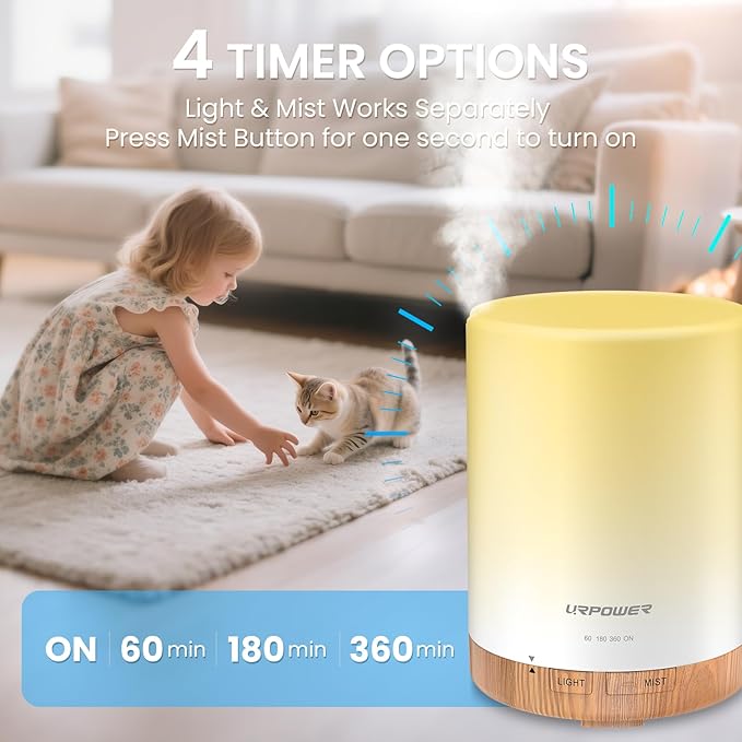 URPOWER 300ml Essential Oil Diffuser Ultrasonic Air Humidifier AUTO Shut Off Aromatherapy Scent Diffuser Night Light 7 Color Changing LED Lights and 4 Timer Settings for Home Office Yoga
