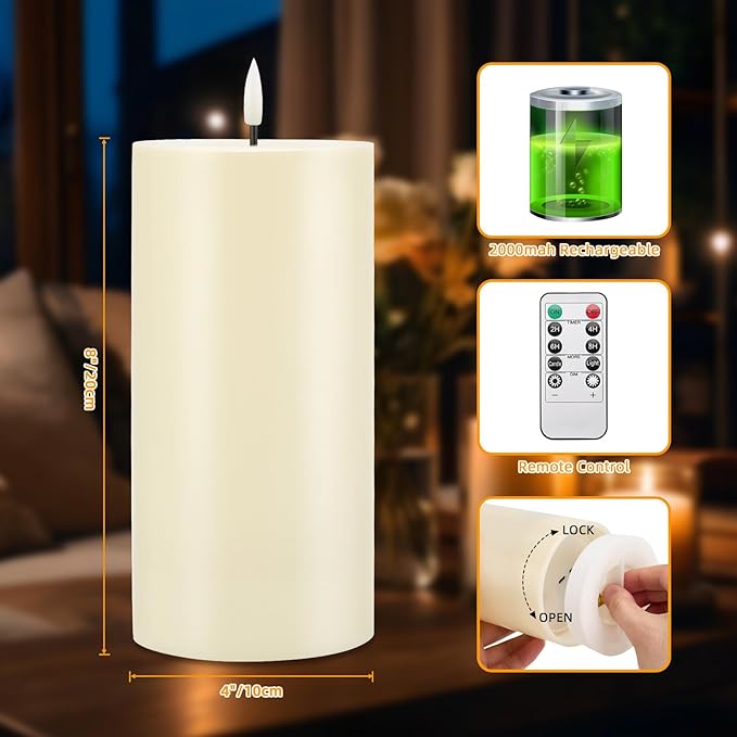 IMAGE 4"x8" Waterproof Rechargeable Flameless Candles with Timer & Remote Control, Fake LED Pillar Plastic Candles Light for Outdoor, Lanterns, Porch, Flickering & Long Lasting, Set of 2
