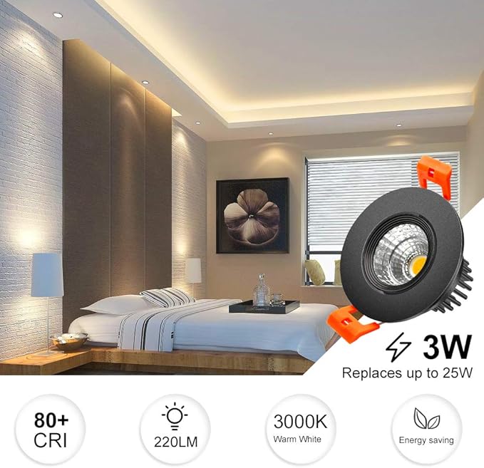 inShareplus 2 Inch LED Downlight, 3W Recessed Lighting COB Dimmable, 3000K Warm White, CRI80, Black Trim, Ceiling Lights with LED Driver, 1 Pack