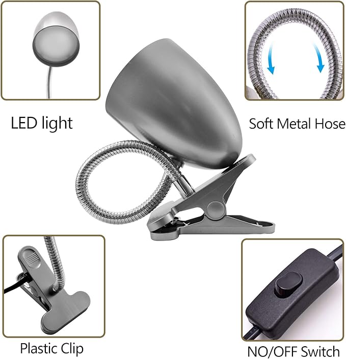 E ENERGETIC LIGHTING Desk lamp with Clamp, Non-Dimmable Clip Light for Bed and Desk, 4000K Cool White, 3.5W 240 LM lamp, Eye Protection, ETL Listed