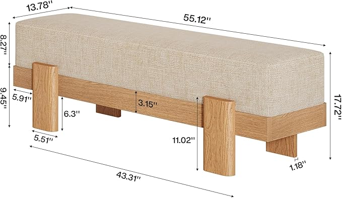 Tribesigns 55-Inch Upholstered Entryway Bench, Modern Shoe Bench with Ultra-Plush Thick Cushion and MDF Frame, End of Bed Stool Long Ottoman for Entrance, Living Room (Beige & Oak)