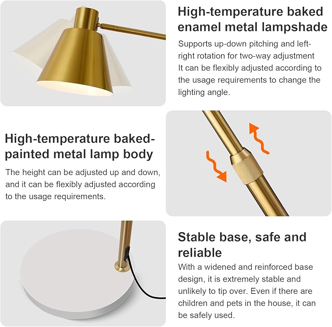 Gold Brushed Floor Lamp with Side Table for Living Room Bedroom, Modern Standing Lamp 12W LED 3-Color Dimmable 3000K/4500K/6500K, Adjustable Gooseneck Reading Light with Wood Shelf for Office Corner