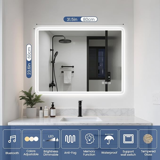 STARLEAD 24"x32" LED Bathroom Mirror with Bluetooth Speaker, 3 Color Temperature, Stepless Dimming, Anti-Fog, Touch Control, Wall-Mounted Vanity Mirror, Vertical or Horizontal