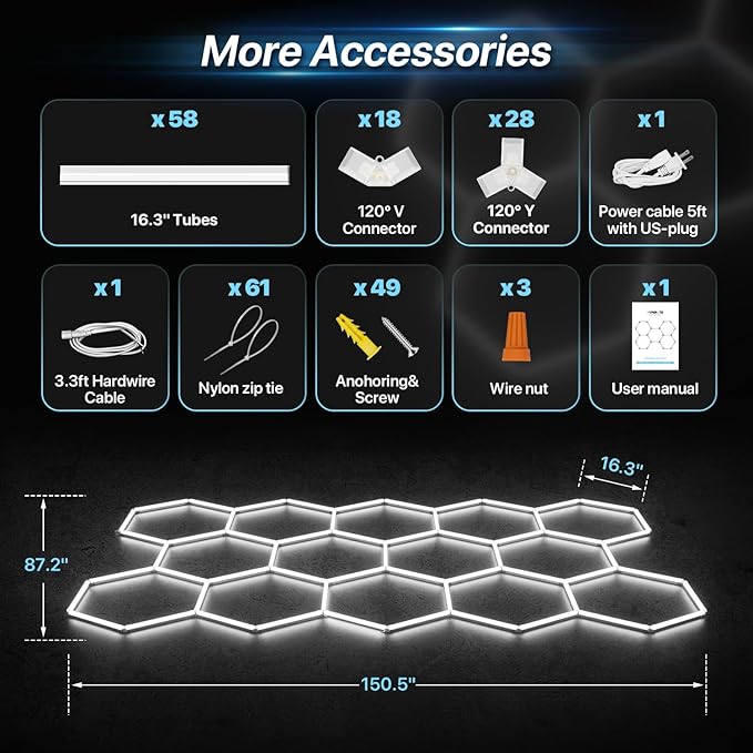 HYPERLITE Gen 2 Hexagon Garage LED Light, Upgraded 3 Level Dimmable 399W 39900LM Super Bright Garage Detailing Lights, 14 Grids Hex Shop Lights, Hexagon LED Lights for Basement, Car Detailing, Gym