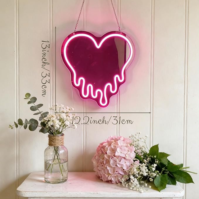 Y2K Pink Heart Neon Sign, Melting Heart Neon Mirror Light, Heart vanity mirror with lights, Love Shaped LED Wall Decor for Bedroom, Girls Room,Studio, Party, Wedding, Gift for Valentine's Day, Birthday, Anniversary