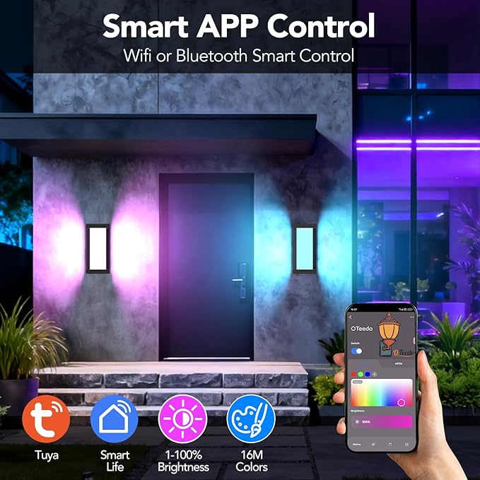 RGB Smart Outdoor Wall Lights,RGBCW Modern Outdoor Waterproof for Front Porch Light,WiFi APP Control Exterior Lighting Fixtures,LED Wall Mount Outside Lights for House,Garage,Backyard(2 Pack)