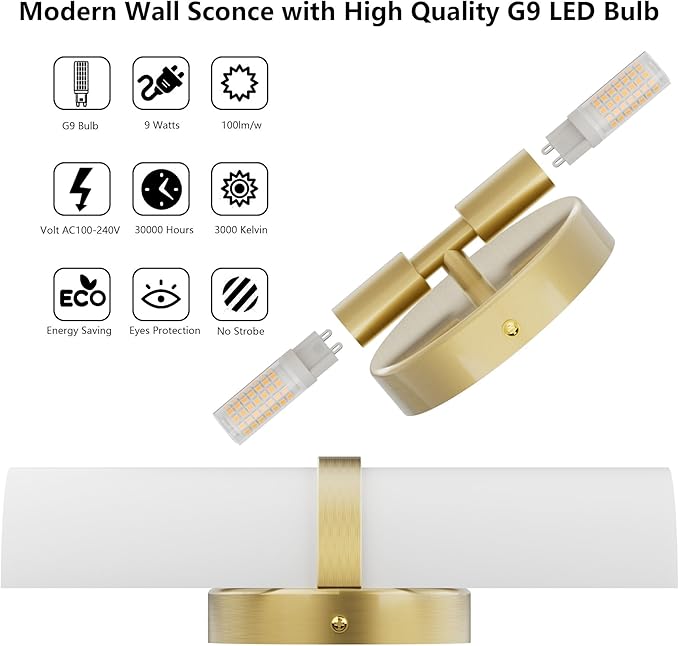 Gold LED Wall Sconce Set of 2 Indoor Hardwired for Living Room Bedroom Hallway Corridor Warm White 3000K (with G9 Bulbs)