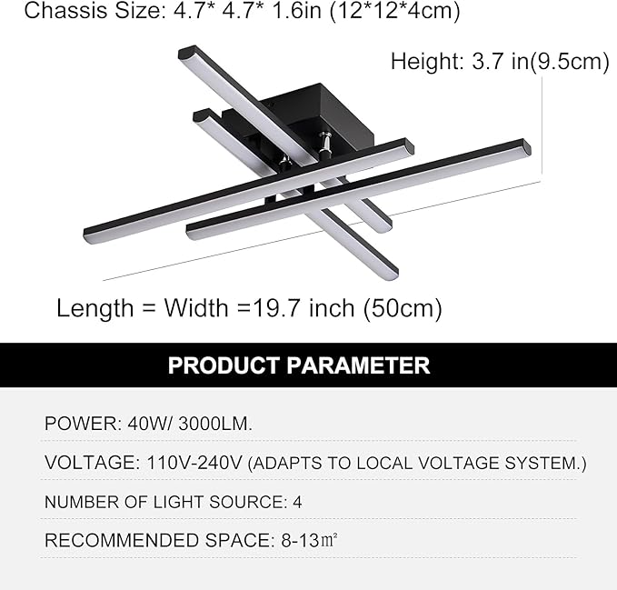 Modern LED Ceiling Light with Remote, Dimmable 24in Ceiling Lights for Bedroom Living Dining Room Kitchen, Black Flush Mount Ceiling Light Fixture LED Chandelier Ceiling Lamp (4-Light, 2000lm)