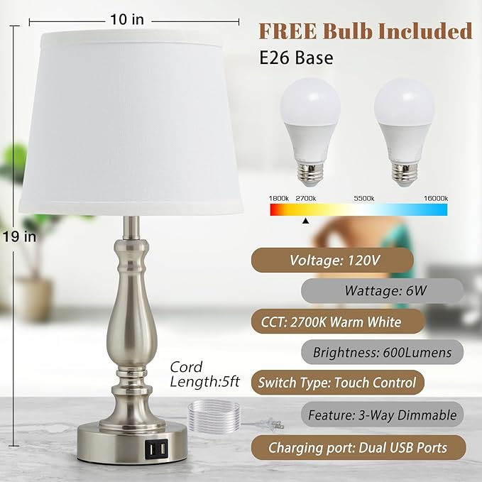 Table Lamps for Bedrooms Set of 2 - Touch Bedside Lamps with USB C+A Ports,Dimmable White Nightstand Lamps for End Tables, Farmhouse Night Stand Lamps for Living Room Bed Side Guest Room