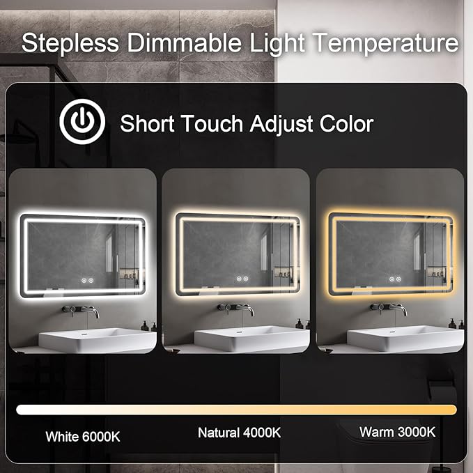 LED Bathroom Mirror, 36 x 24 Inch Anti-Fog Wall Mirror with Lights Stepless Dimmable, Lighted Bathroom Mirrors for Wall, Rectangle Bathroom Vanity Mirror with Front and Backlight, Horizontally Only