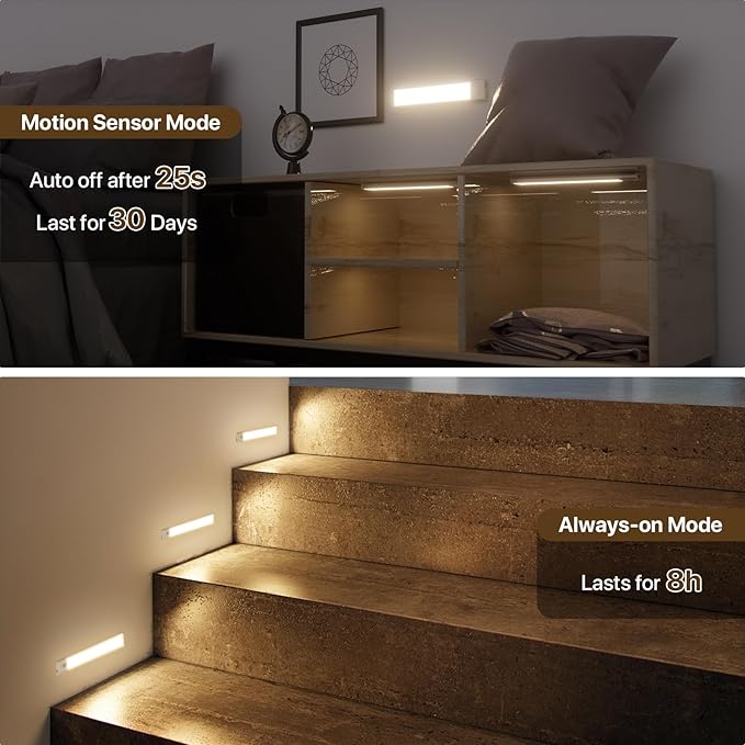 ORALUCE Under Cabinet Lighting Rechargeable Magnetic, 8inch LED Motion Sensor Light Indoor Battery Operated 3 Color Dimmable, Wireless Closet Lights for Kitchen Counter Stairs, 4 Pack