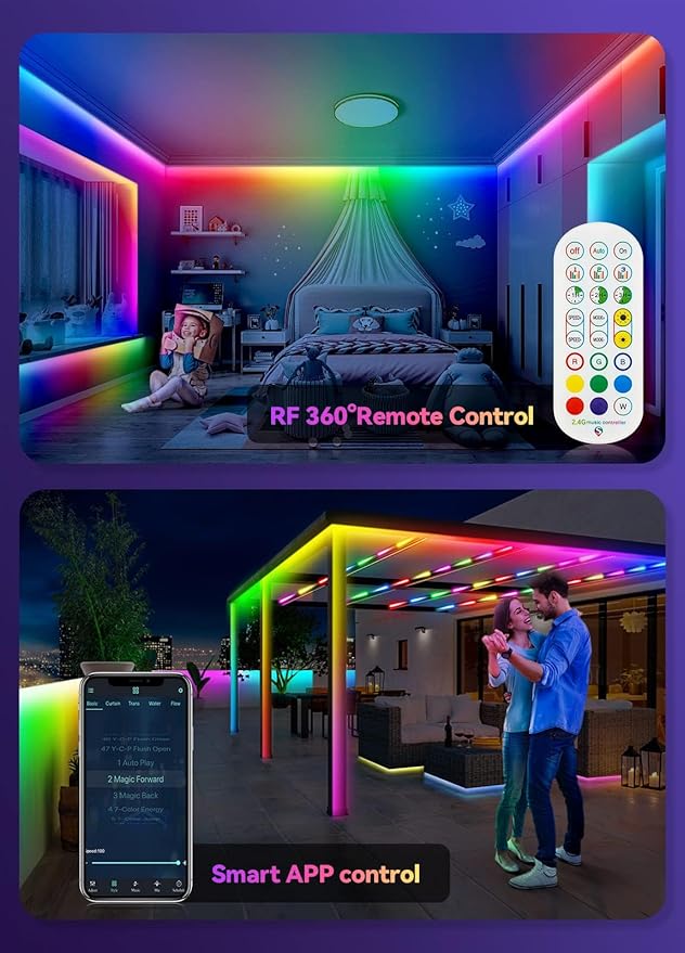 105FT Continuous RGB+IC Outdoor Led Strip Lights Waterproof with RF Remote & Bluetooth Music Sync App Control, Long Color Changing LED Rope Lights,IP67,24V (RGB+IC, 105FT)