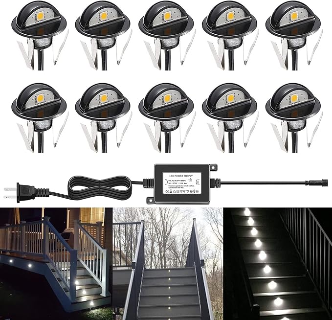 Pack of 10 Deck Garden Mall Step Stair Landscape LED Lights Cold White Low Voltage IP65 Lamp with Transformer