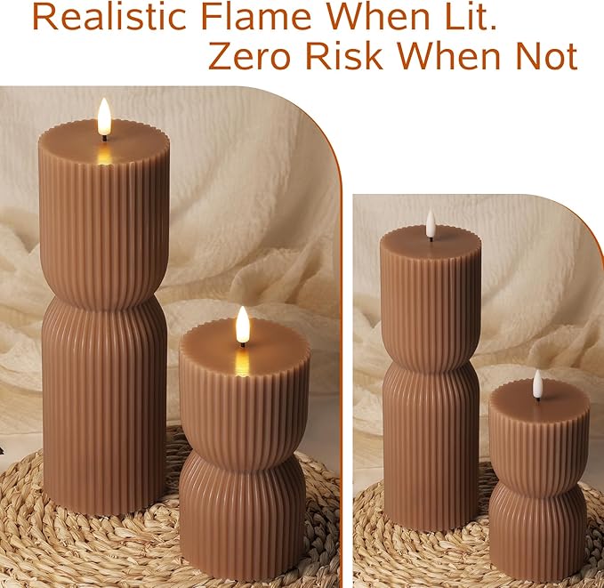 Warm Brown Ribbed Flameless Pillar Candles with Remote, Real Wax Flickering Battery LED Candles Christmas Decor Gift Set of 2