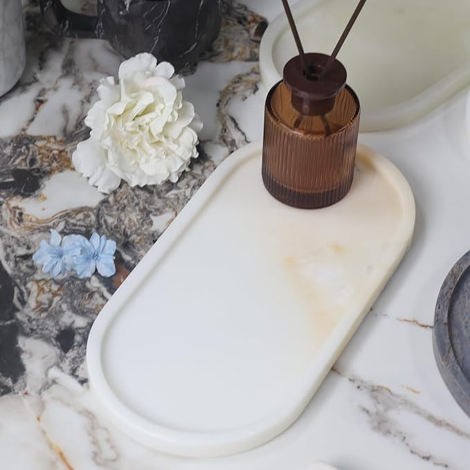 Marble Vanity Tray Organizer - 9.8"x5" Italy Natural Stone Decorative Tray，Jewelry, Perfume & Candle Display Tray，Bathroom Vanity, Dresser Top, Nightstand Decor