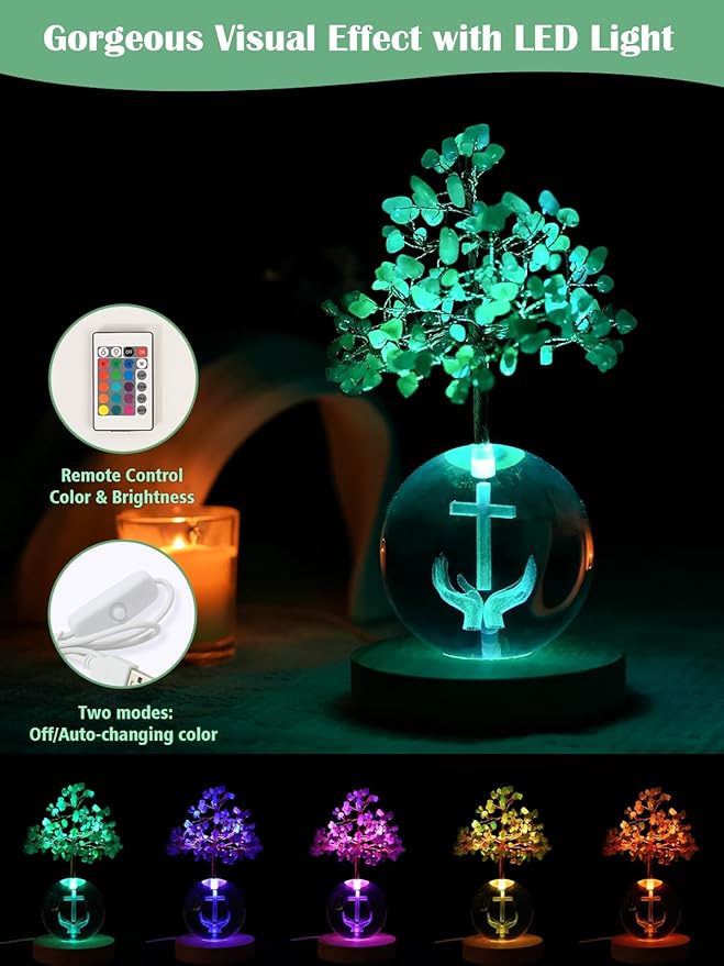 Crystal Tree of Life for Positive Energy, Chakra Healing Tree with Remote Control Multicolor Night Light for Home Decor, Office Desk Decor, Religious Gifts for Women Men (Cross & Hands)