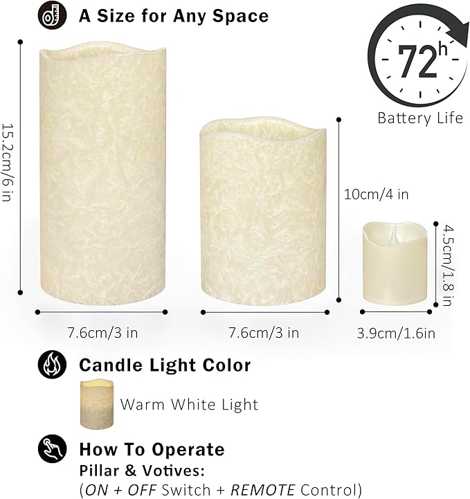 FURORA LIGHTING Ivory Crystallized Real Wax Flickering Candles with Remote and Timer, 4 Pillars and 4 Votives Pack of 8 for Home Décor, Battery Included