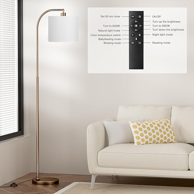 Ambimall Arc Floor Lamp with Remote and Stepless Dimmable Bulb, Colors Temperature & Brightness Adjustable, Floor Lamps for Living Room（White Shade & Brown Pole）