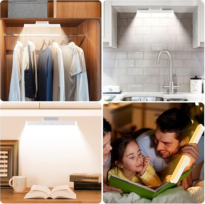 56-LED Under Cabinet Lights Wireless, Under Counter Lights for Kitchen Touch Control, Magnetic Closet Lighting, Rechargeable USB-C Battery Powered Lights, Dimmable Color Temperature/Brightness