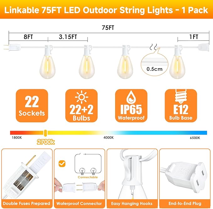 75FT LED Outdoor String Lights S11 Dimmable Patio Light, with 22+2 Waterproof Shatterproof Edison 2700K Bulbs for Porch Garden Wedding, White