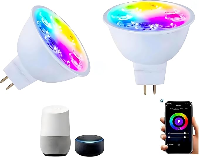 Smart MR16 LED Bulb Dimmable Color Changing, 12V Gu5.3 Bi-pin Base, WiFi & Bluetooth LED Bulbs Work with Alexa Google, Color Changing Sync with Music, for Living Room, Bedroom, Office,Hotel etc. 2Pack