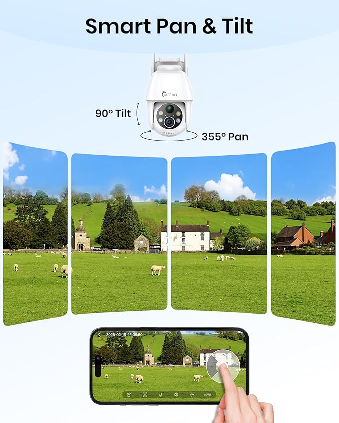 2K Solar Security Camera Wireless Outdoor,2.4G WiFi & 360˚ PTZ Battery Camera,Color Night Vision, AI/PIR Motion Detection,2-Way Audio,IP66 Waterproof,Alexa/Google Assistant,SD/Cloud Storage