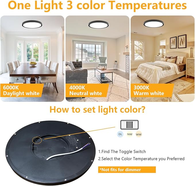 Led Flush Mount Ceiling Light,9 Inch 18w 1860lm,3000k/4000k/6000k 3CCT Selectable, Round Modern Flat Panel Super Slim Led Ceiling Light,for Living Dining Kitchen Bedroom Room (4Pack-Black)