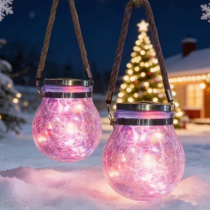 Hanging Outdoor Solar Lights,VGE 2 Pack 30LED Cracked Glass Ball Decorative Lights,Solar Powered Waterproof Landscape Lights with Handle for Tree Yard Garden Patio Fence Holiday Decor(Pingk)