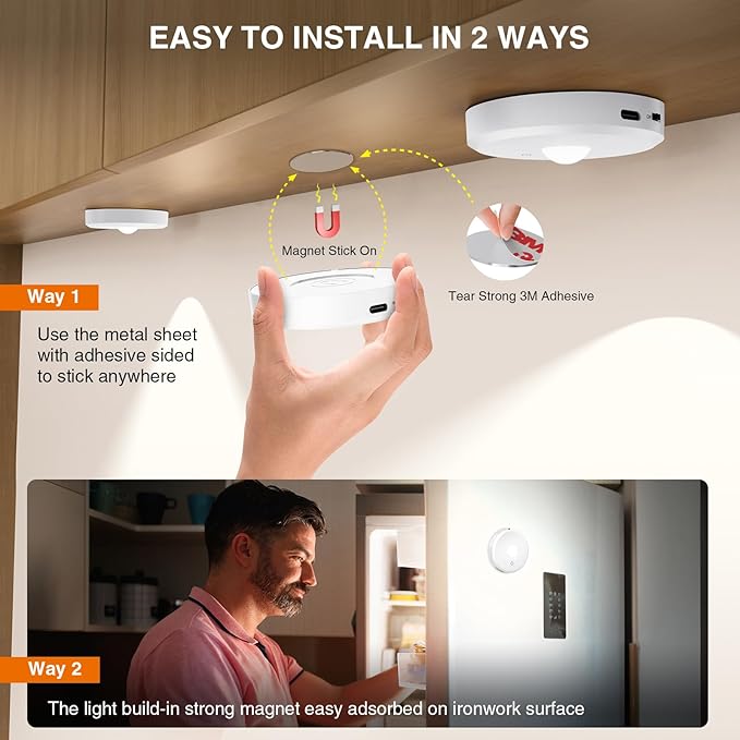 Puck Lights with Remote Control Rechargeable,Wireless Under Cabinet Lighting,2000mAh Battery Operated Tap Push Touch Lights,Stick On Lights for Counter,Shelf,Bookcase (White, 3 Pcs)