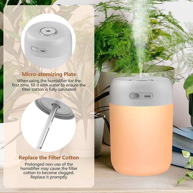 Portable Small Humidifier, 650ml Colorful Mini Humidifier for Bedroom, Office Desktop, Baby Room, Plants, Cool Mist Humidifiers(Light Gray)