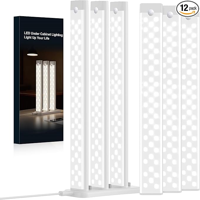 12 Packs 12-in Under Cabinet Lighting with 2 Charging Stations, Rechargeable Motion Sensor Light Indoor, 3 Color Dimmable Closet Light, USB Led Stick on Under Counter Lights for Kitchen Shelf