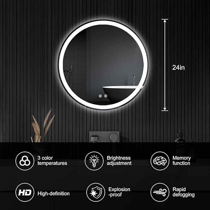 Sweetcrispy 24 Inch Round LED Bathroom Mirror with Lights, Circle Vanity Mirror with Anti-Fog, Dimmable, 3-Color Light, Memory Function, Tempered Glass