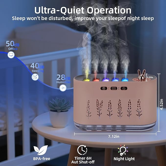 5 Nozzle Music Sensing Cool Mist Humidifier,Humidifier Diffuser with 20 Color LED Light, 700ML Essential Oil Diffuse, Auto Shut Off, Aroma Diffuser for Bedroom Home Office Yoga (Pink)