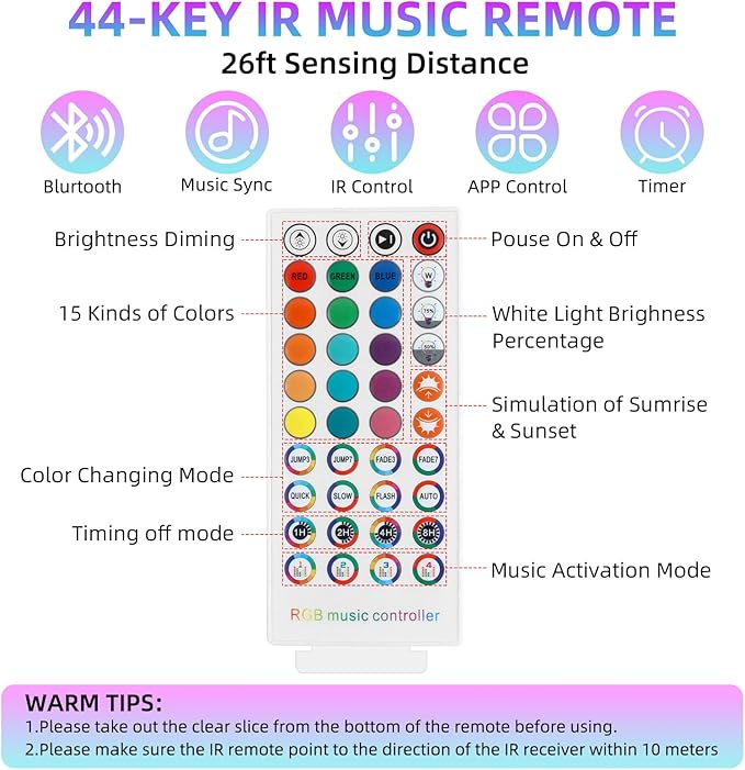 Smart Bluetooth LED Controller,RGB Music LED Strip Lights Controller,4-PIN IR Remote Control 40-Keys for 5-24V SMD 5050 3528 RGB LED Strips