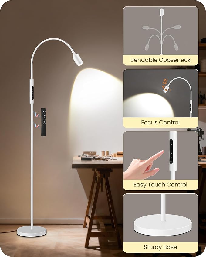 Reading Floor Lamp, 74.2" Tall LED Lamp, with 360° Flexible Gooseneck & Touch & Remote Control, Ajustable Color & Beam, Crafts Standing Lamp, for Reading, Task Craft, Living, White WW16LD05